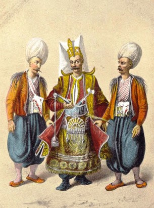 3.	Янычар с двумя ятаганами за поясом-кушаком и турецкие солдаты. Рисунок на открытке, XIX в.