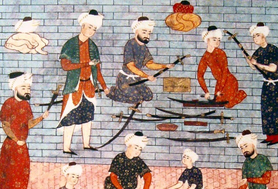 Мастерская по изготовлению холодного оружия. Турецкая миниатюра, XVI в. Мастерская по изготовлению холодного оружия. Турецкая миниатюра, XVI в.