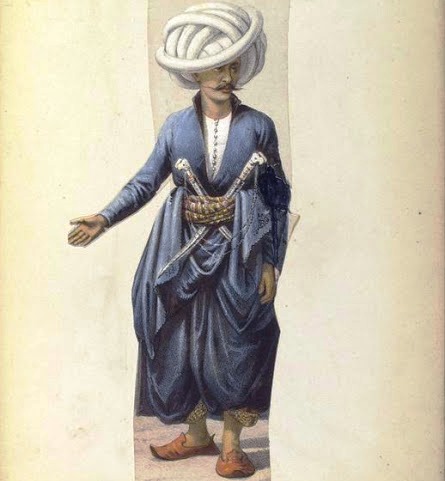 Османский воин, вооруженный ятаганами. Изображение на открытке, XIX в.
